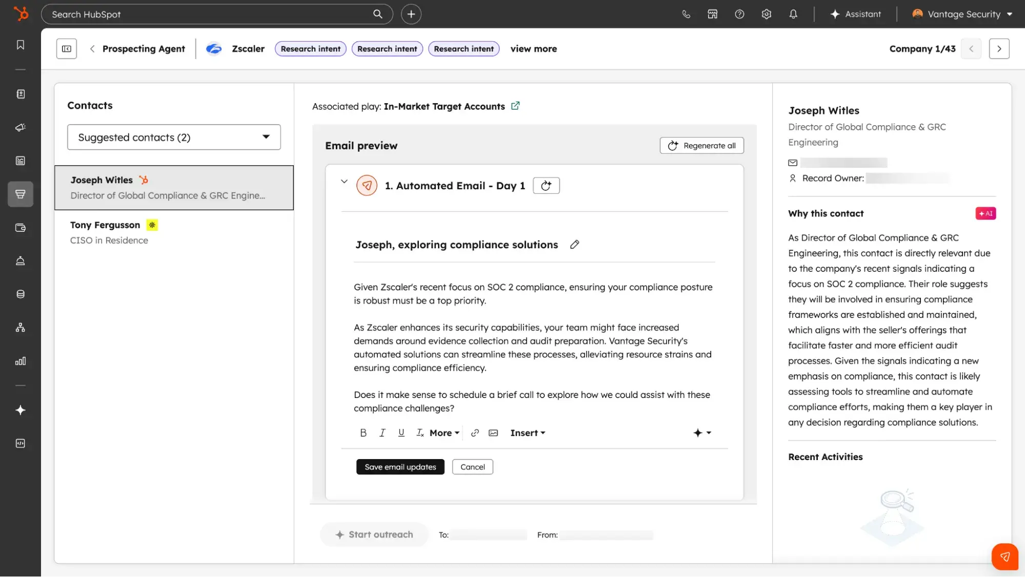 agente de prospección de Agent Hub de HubSpot mostrando recomendaciones personalizadas basadas en datos del CRM