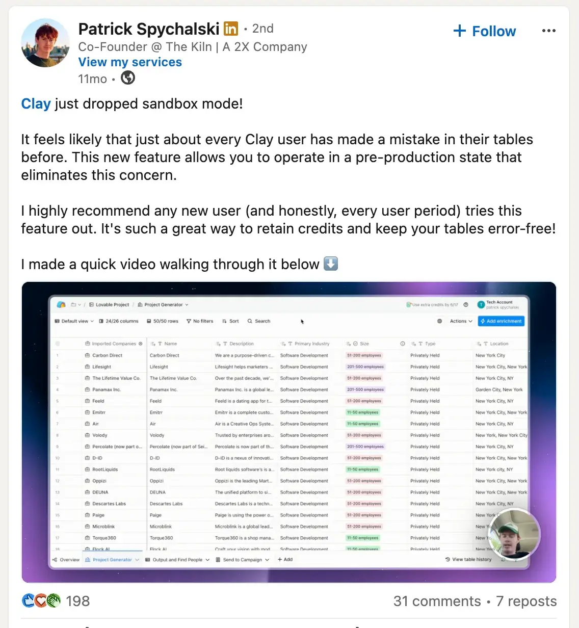 Publicación de Patrick Spychalski en LinkedIn sobre el nuevo modo Sandbox de Clay para probar acciones de IA de forma segura sin consumir créditos