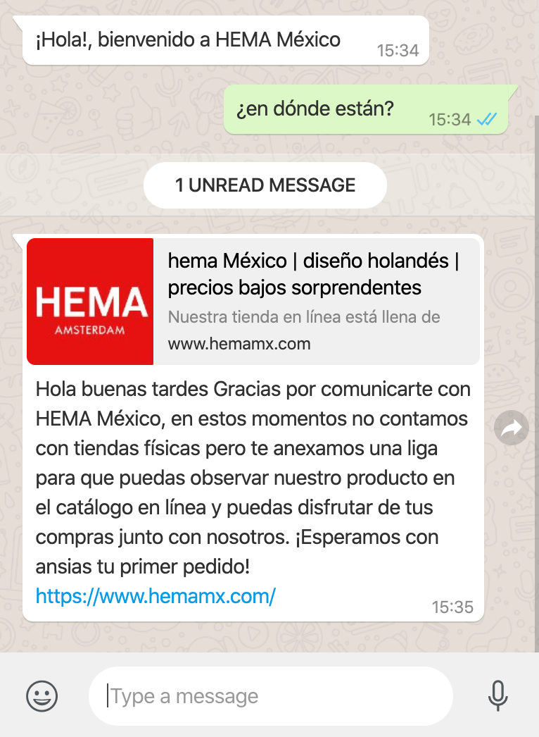 Respuesta rápida de hema México en WhatsApp