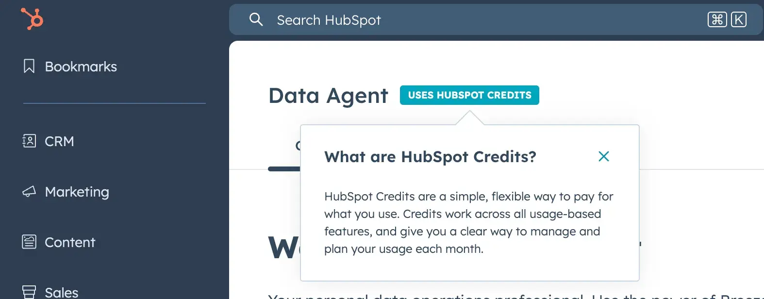 plataforma HubSpot mostrando un agente de datos con etiqueta de precios basada en créditos y tooltip explicando cómo funcionan los créditos