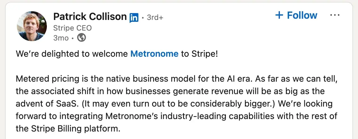 publicación en LinkedIn del CEO de Stripe, Patrick Collison, en la que califica los precios medidos como el modelo de negocio nativo para la era de la IA