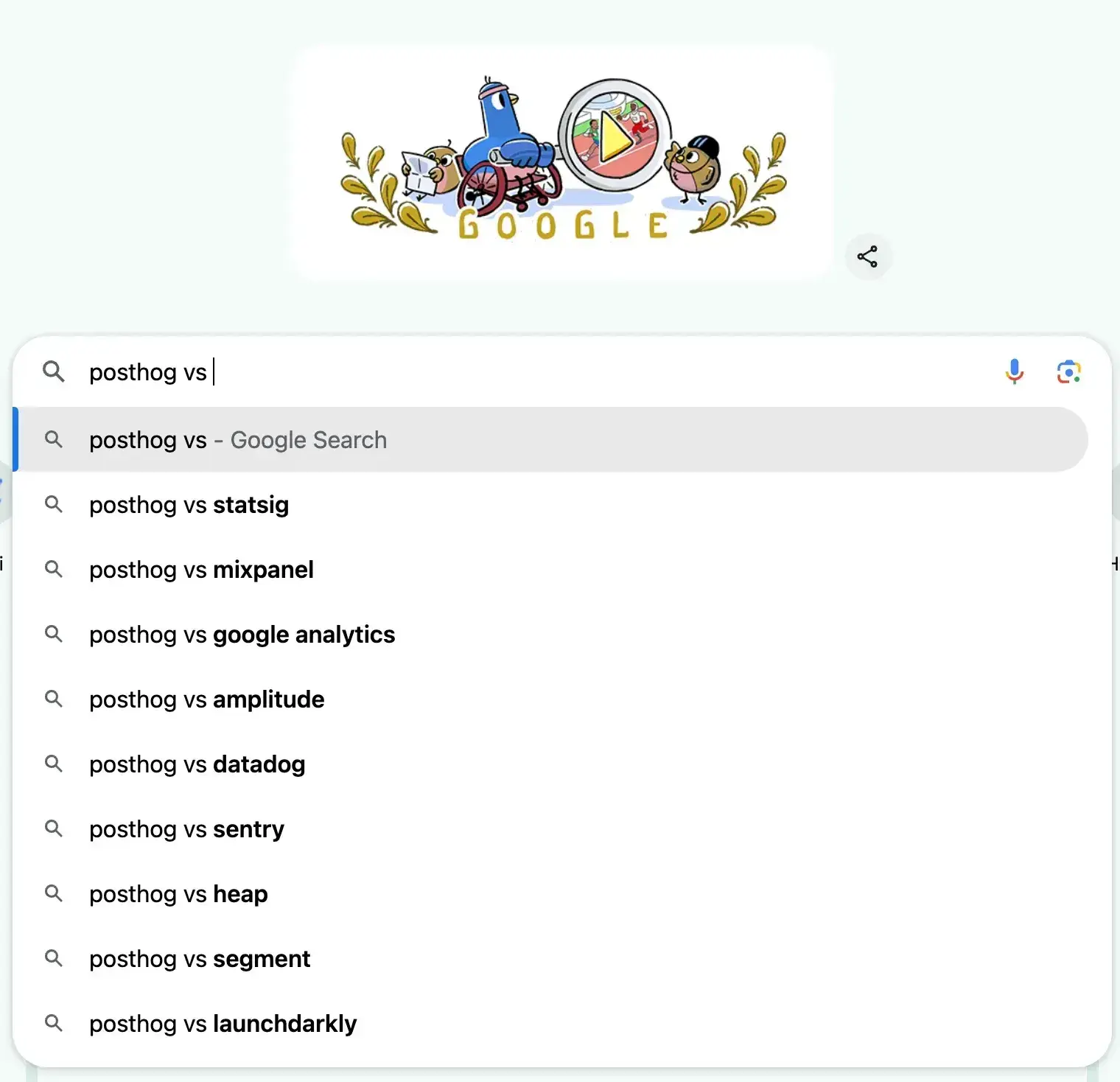 google search bar suggestions for the search term “posthog vs