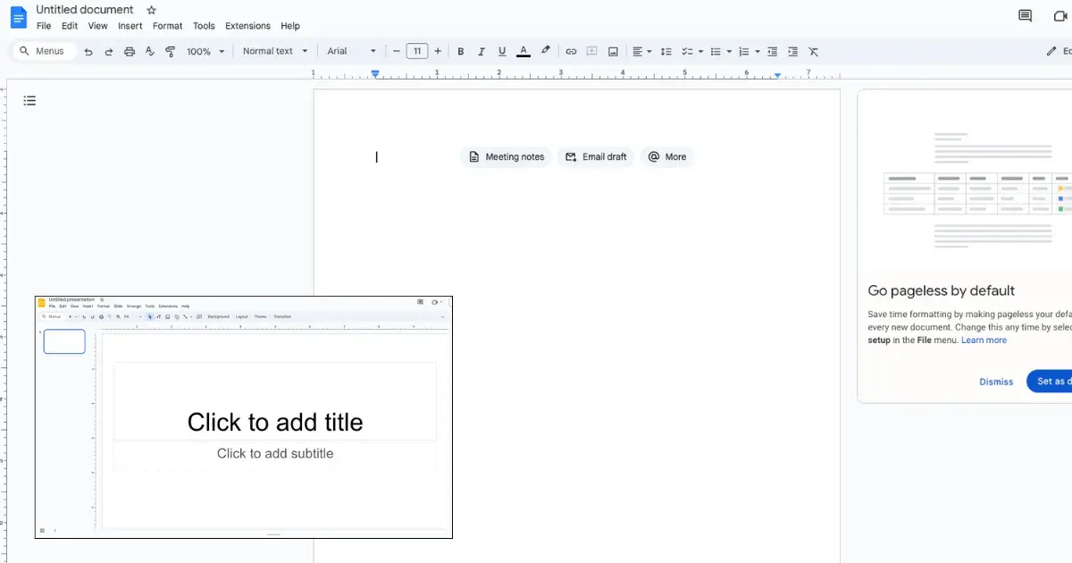 Captura de pantalla de un documento de Google en blanco con una imagen más pequeña de una presentación de Google en blanco. Ambas plataformas se presentan en este artículo que describe para qué se utilizan las maquetas.
