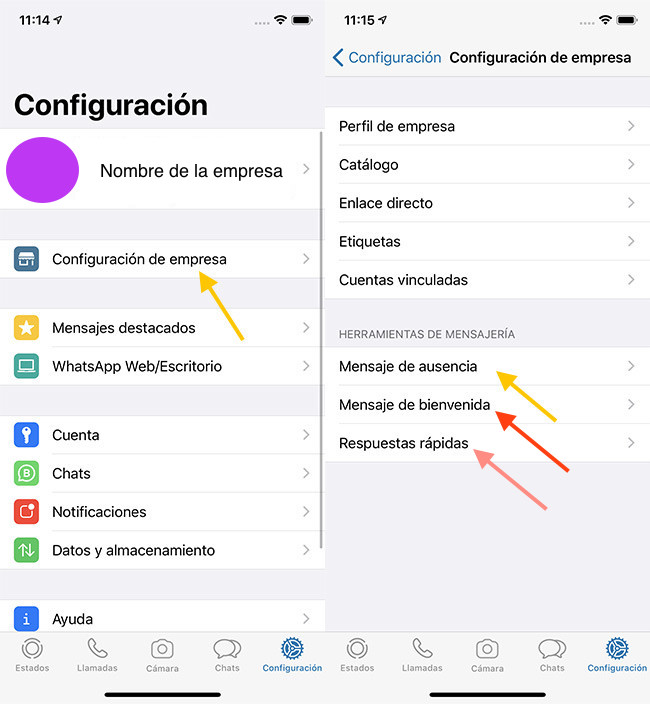 Cómo programar respuestas automáticas en iOS: ingresa a la configuración de WhatsApp bot de WhatsApp Business